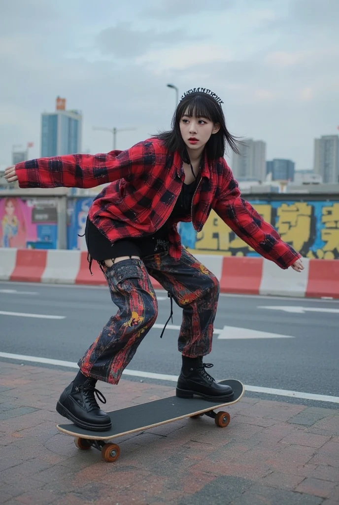 professional outdoor photography of very beautiful asian girl as skateboarder girl wearing street punk clothes and accessories, skateboarding,, ,score_9, score_8_up, score_7_up, score_6_up,, ,masterpiece, best quality, intricate detail,