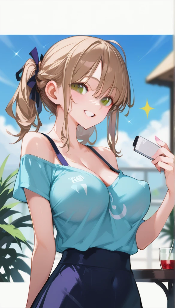 (score_9, score_8_up, score_7_up, score_6_up, score_5_up, score_4_up, just describe what you want, tag1, tag2, highest quality, Best quality, masterpiece,) BREAK she has large breasts, (((perky breasts))), ((covered nipples)), (cleavage) BREAK , slender waist, skinny,  , round face, brown eyes , BREAK (grin, ( happy), (half open eye), (parted lips), ) BREAK (messy chignon , hind hair, )  BREAK ((((extremely extremely extremely close-up face, looking at viewer, from below)))), (((1 lady is putting hand on between legs, stretching out , keeling, she is wearing oversized sheer shirt, cropped shoulders, separate breasts, dropped breasts, scooping handful gesture with hands nearby her chin , cafe, sparkle, glitter shirt, polaroid phot style ))),