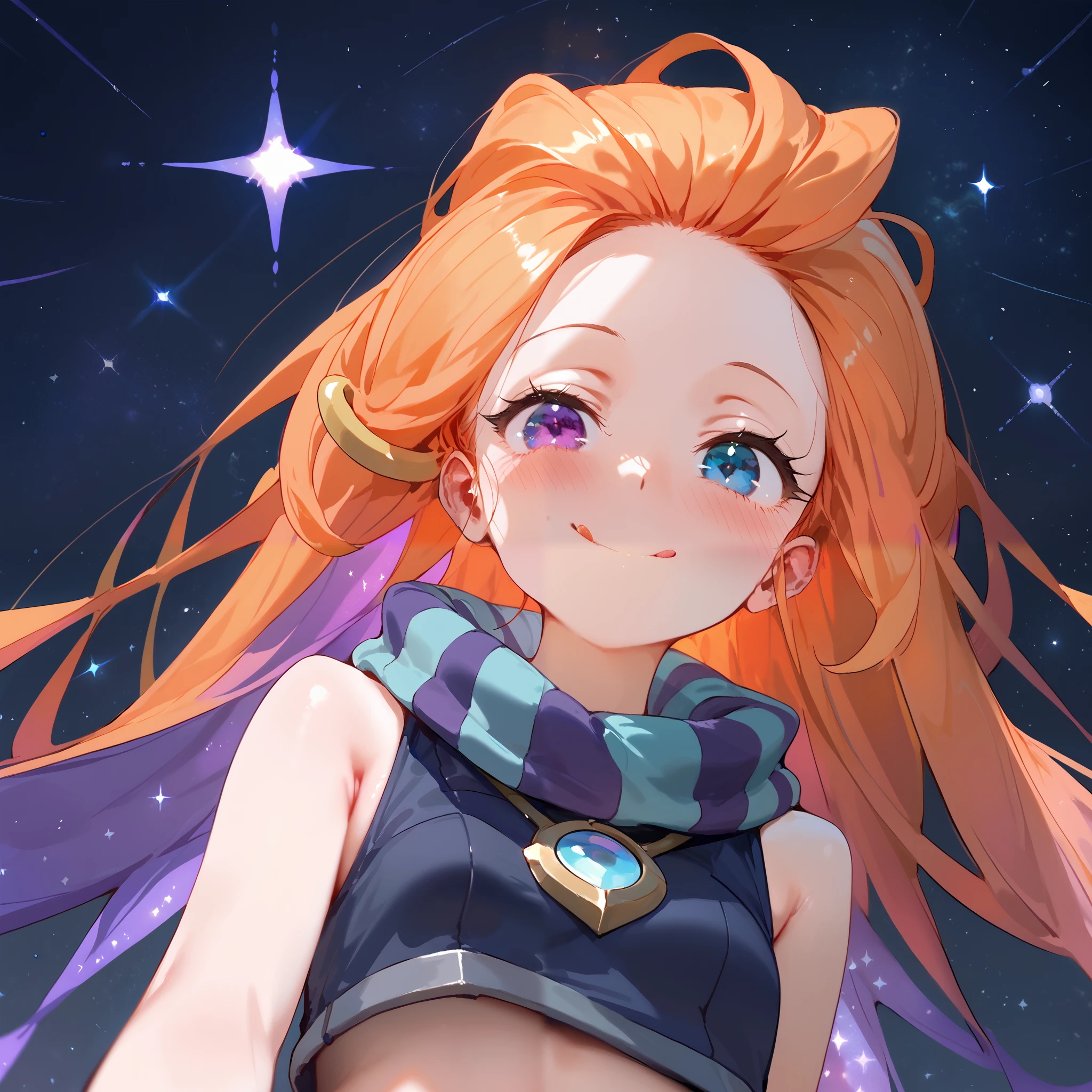 Masterpiece, best quality, Anime, 1girl, ZoeLoLXL, mature, purple eyes, blue eye, heterochromia, orange hair, multicolored hair, gradient hair, purple hair, very long hair, hair ornament, forehead, small breasts, green scarf, striped scarf, bare shoulders, blue midriff, necklace, bracelet, smile, blush, cute, tongue out, portrait, close-up, looking at viewer, from below, starry background, simple background, score_9, score_8_up, score_7_up, unaestheticXL_bp5,