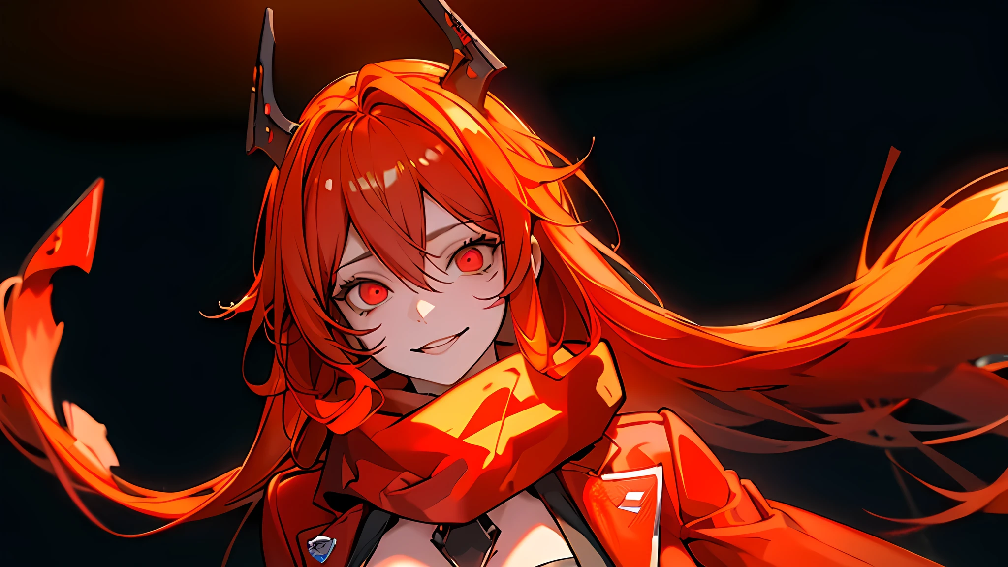 ((Best quality)), ((masterpiece)), (detailed:1.4), 3D, an image of a beautiful cyberpunk female, Yandere , Yandere Face , Trance , Trance Eyes , yameroyandere , constricted pupils , yandere , empty eyes . shaded face , crazy eyes , glowing red eyes , crazy smile , Redhood , exposed chest , long red scarf , long red burning hair , Horn Headgear , Red Jacket Cloth , Red Eyes, Black undercloth, large breasts, Dive under the sea, Undersea as background ,HDR (High Dynamic Range),Ray Tracing,NVIDIA RTX,Super-Resolution,Unreal 5,Subsurface scattering,PBR Texturing,Post-processing,Anisotropic Filtering,Depth-of-field,Maximum clarity and sharpness,Multi-layered textures,Albedo and Specular maps,Surface shading,Accurate simulation of light-material interaction,Perfect proportions,Octane Render,Two-tone lighting,Wide aperture,Low ISO,White balance,Rule of thirds,8K RAW,