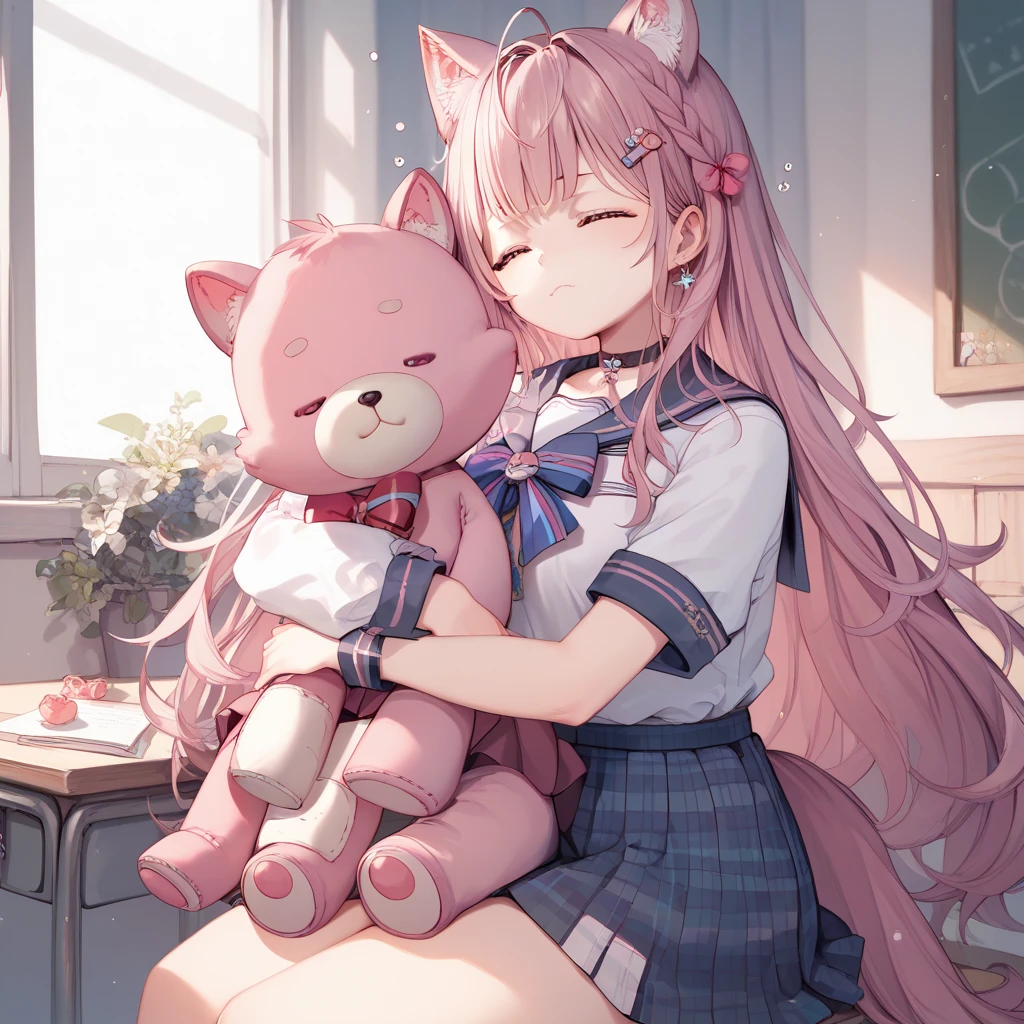  1 girl,  Hi-Res, masterpiece,  best quality, Long Hair, Looks sleepy、Expression of weakness 、High school girl、uniform、 fuzzy sweater 、 mini skirt、 hugging a stuffed animal、Looks sleepy、sit、 school rooftop during lunch break