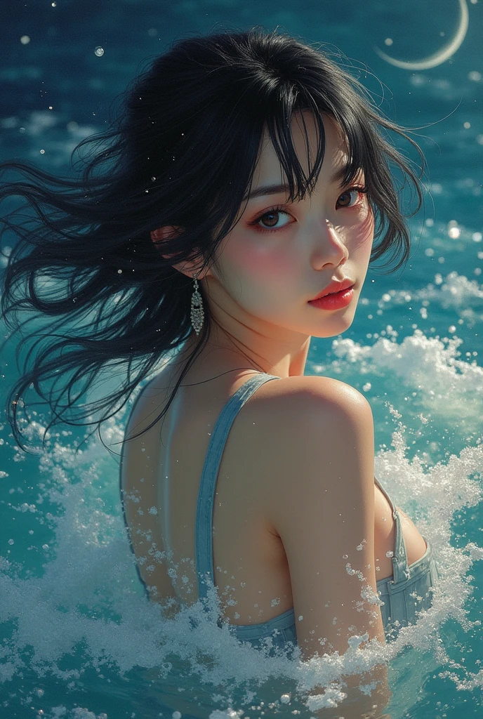 A beautiful Japanese girl is shown being showered with silvery liquid.。She is wearing a silver bikini、The design is adorable。The color of the bikini matches the color of the liquid.、It creates a unified visual overall.。
Her hair is wet and、It's so messy it's falling on my face。My bangs are stuck to my forehead、It gives an overall sexy impression.。Her expression was a mixture of surprise and amusement.、The emotion is conveyed through the wide open mouth.。Her eyes are big、The light reflects and shines。
Her skin is wet and shiny、The healthy and smooth texture stands out。The liquid dripped down her body.、The movement is dynamically expressed.。Silver liquid splashes、It gives the whole screen an energetic movement.。
The background is dark、Her figure and the liquid stand out even more.。The bright silver liquid against a dark background creates visual contrast、It's a very impactful image.。The movement of the liquid and her facial expression become one.、This creates a very dynamic and visually appealing look.。
as a whole、This image perfectly combines the charm of a beautiful girl with an energetic element.。Her natural beauty and dynamic liquid movement come together.、It is a piece that leaves a strong impression on the viewer.。