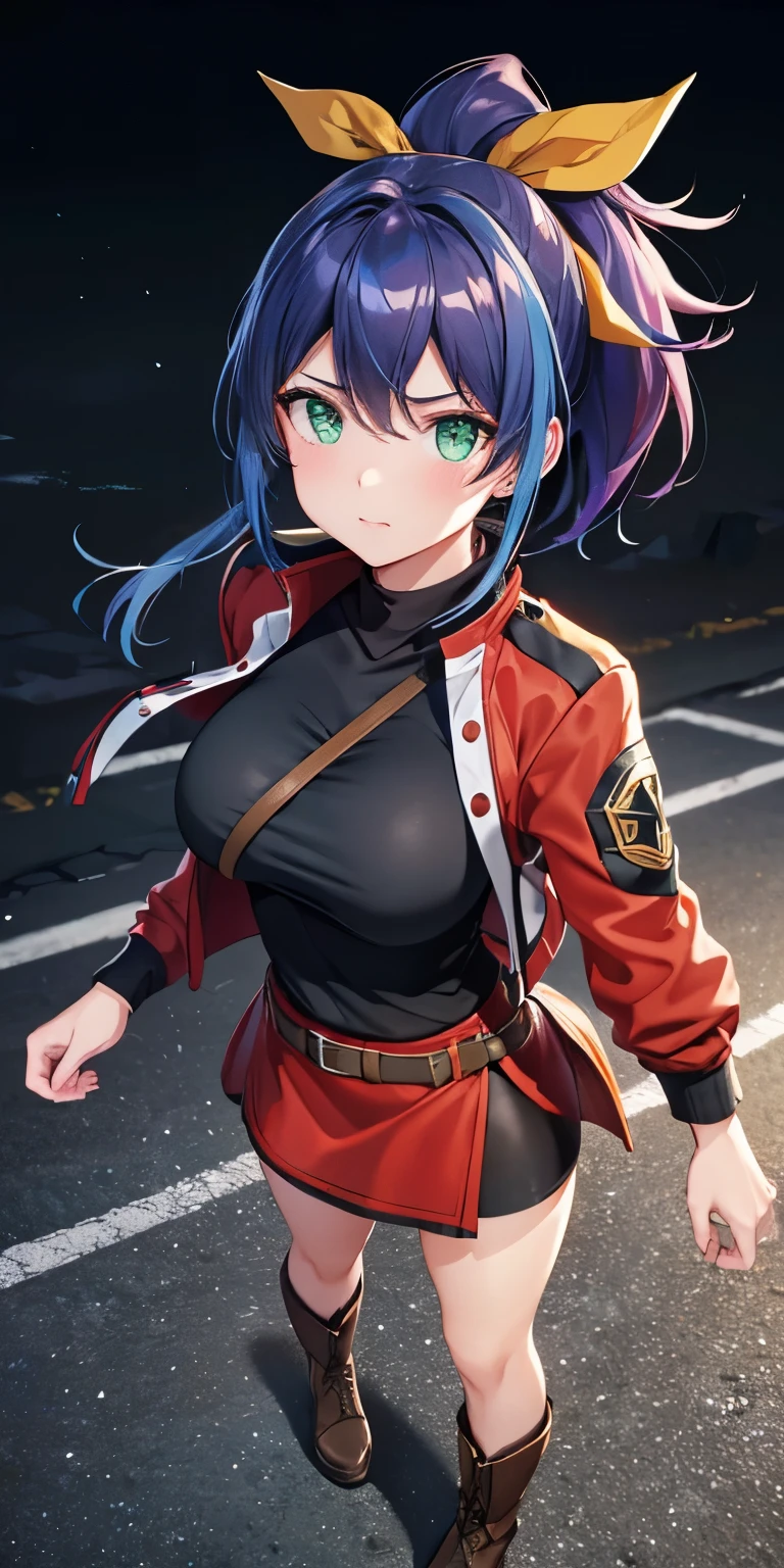 1 Female,High definition,high resolution,Ultra-realistic,8K, aaserena, ponytail,(multicolored hair),green eyes,black shirt,jacket,belt,red skirt,(shorts under skirt), tight skirt, miniskirt,medium breasts, brown boots,European,sexy,Upper body close-up,Photographed from the front,Dynamic Angles,blush, medium  ,(top view),(full body), perfect face,cute face,perfect face,cute face,ultra high definition, detailed face,8k, multicolored hair 