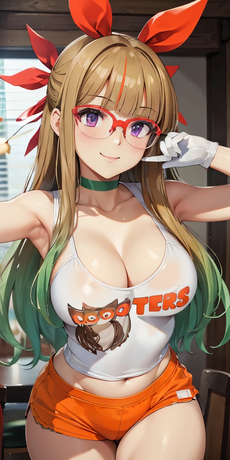 1 Female,High definition,high resolution,Ultra-realistic,8K,ohdoyuamu, 1girl, solo, long hair, green hair, blonde hair, brown hair, bow, ribbon, purple eyes, hair ribbon, hair bow, glasses, green choker, white gloves, blunt bangs, red-framed eyewear, white shirt, hooters, orange shorts, pantyhose,European,sexy,Upper body close-up,Photographed from the front,Dynamic Angles, beautiful face, smiling, highly detailed, HD