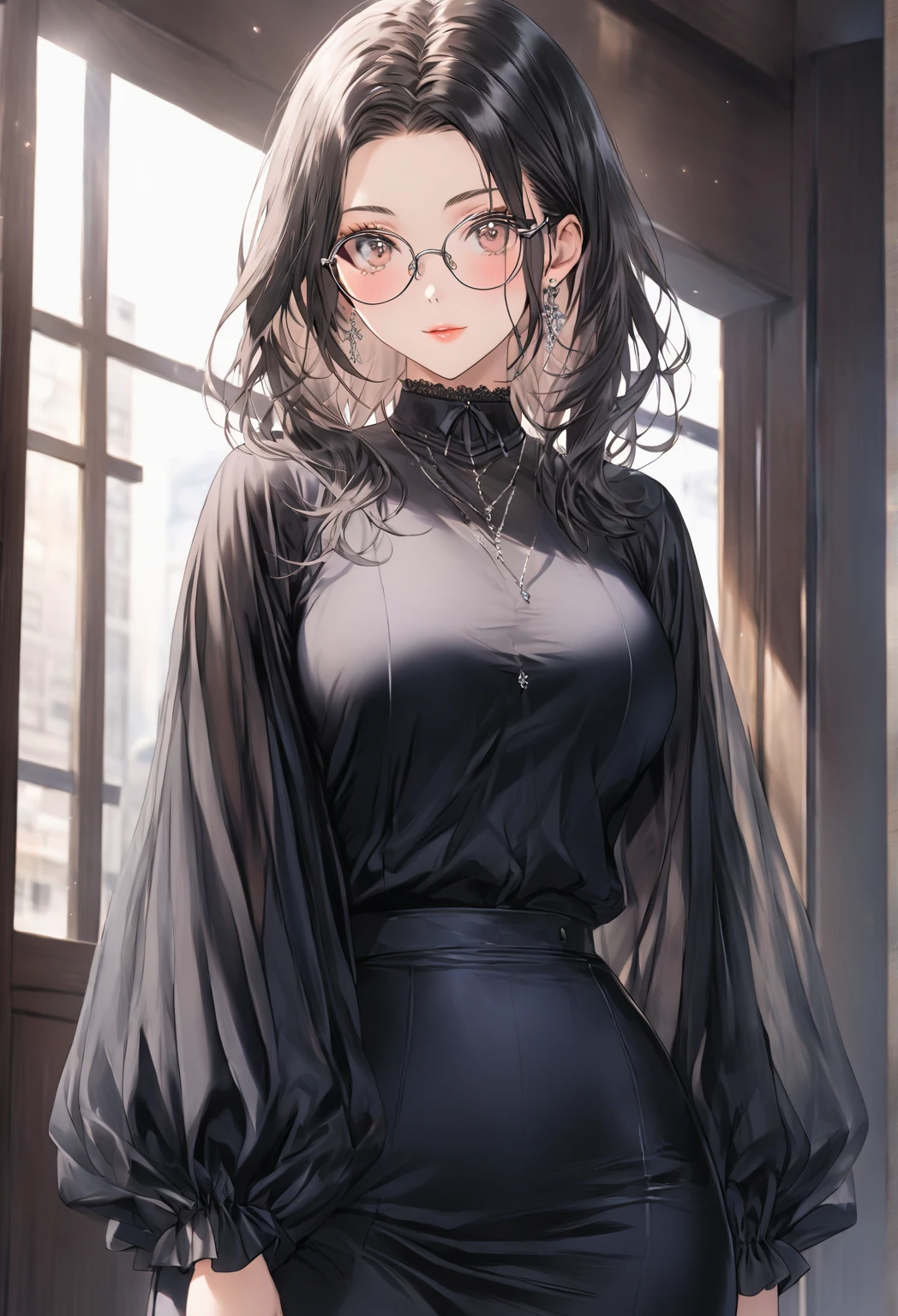 ((highest quality)), ((masterpiece)), (detailed), (front view), (one girl), sexy, shiny skin, glossy skin, height 168cm, bust 120cm, medium size breast, hourglass body, housewife, black hair parted bangs, A mother with warm eyes, Wearing round glasses, Looking at viewer with gentle eyes, wearing a sophisticated, professional high school teacher outfit in a Japanese school setting. She wears a high-neck, tailored blouse in soft white or pastel, made from a flowing, breathable fabric. The blouse has long, billowy sleeves that taper gently at the wrists, adding a touch of elegance without being overly formal. Paired with a sleek, knee-length pencil skirt in dark gray or navy, which fits her perfectly and gives a flattering silhouette. She wears soft, sheer black tights and simple, closed-toe heels that add height without sacrificing comfort. The fabric is slightly translucent in the sunlight.