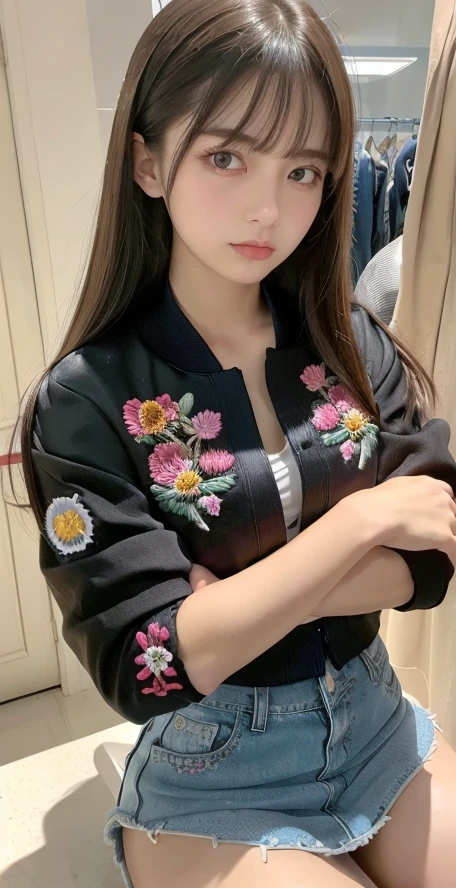  a  Japanese girl、teenager、Slanted Eyes、strong、Brown Hair、Yankee、T-Shirts、(( denim skirt))、crossed arms、Emphasize the cleavage、straight hair、middle part、「( Black Satin Letterman Jacket、Flower Embroidered On Shirt :1.3)」、I can see satin shorts、Bad mood、Glare、 looking at the camera、Heavy makeup、red lips、 Yankee sitting 