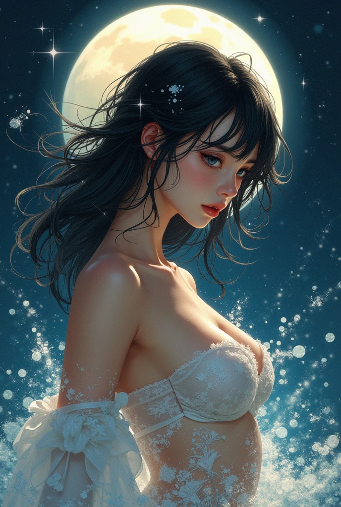 (lactation through clothes:1.1),nipples standing,(nipples peek:1.4)、8K, masterpiece, RAW Photos, Highest quality, Realistic, Very detailed, Written boundary depth, Cinematic Light, Anatomically correct body, 
One beautiful 40 year old woman, Very beautiful face, Exquisitely detailed face, (Calm and gentle face:1.4), Very delicate skin texture, Transparent muscles, Glowing White Skin, Glamorous Body, 
(Wavy black long hair:1.2), Sexy Breasts, Sexy ass, 
(topless:1.2), (Detailed cloth texture:1.2), (Gorgeous Necklace:1.1), (Gorgeous Earrings:1.1), 
(Dark starry background:1.4), (milky way:1.1), (milky way:1.1), (shooting star:1.1), (Dark coastline at night:1.4), (Pitch black sea:1.4), 
(Stand on the beach:1.2), 
(Low angle shot:1.3), 