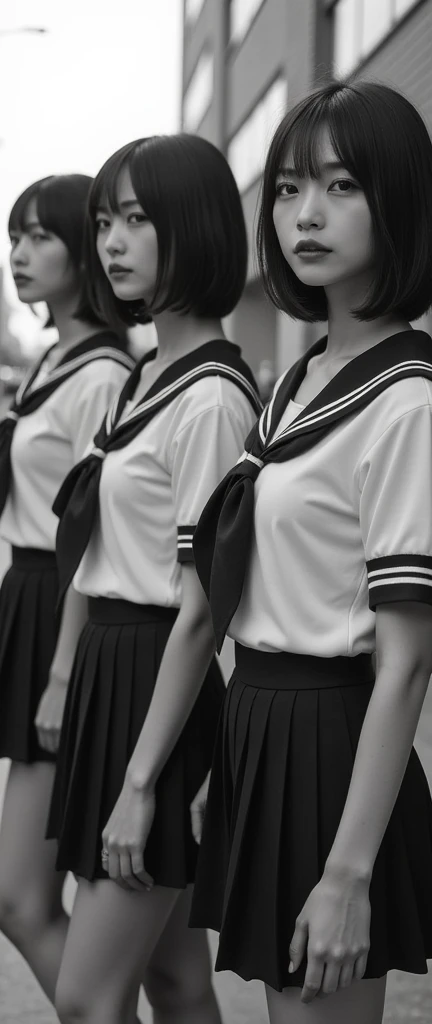 Perfect composition, Proper placement, Golden Ratio, masterpiece,  best quality,  Hi-Res, BEAUTIFUL BLACK AND WHITE PHOTO , Three Japanese women,  Retro Beautiful Japanese Woman , standing:1.21,  Wearing a Japanese High School Sailor Suit:1.331,  anatomically correct ratio :1.331,  has a small head :1.331, Slender body:1.331,  thin waist:1.331, Thin limbs:1.331,  flat chest:1.331,  black hair,  short hair,  Retro Black and White Photo ,  1970's City Background , Movie Lighting, 