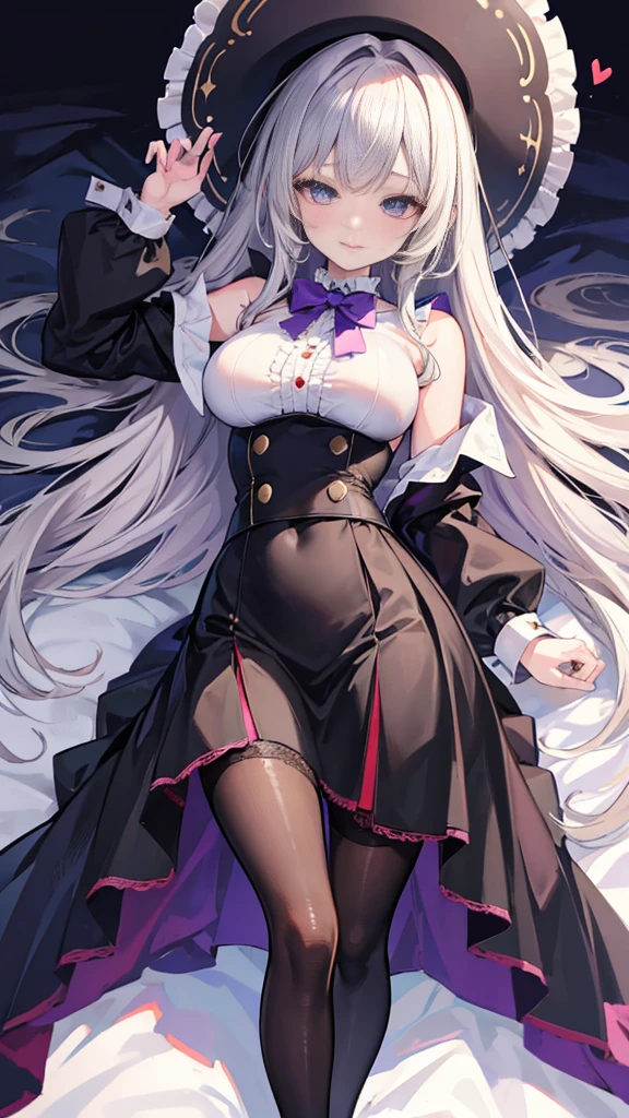 Best Quality, ultra-detailliert, Illustration, silber hair, Aimei, embarrassed from，breastsout，perspiring，Rough breath，Suspender Skirt，laying on back，a bed，Maids