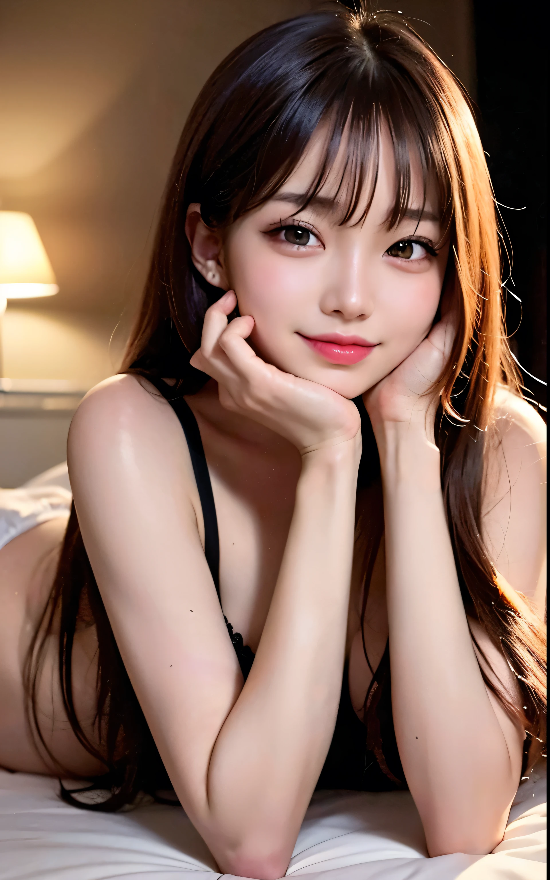 masterpiece、Best Quality、High resolution、High-quality images、8k, 1 female、Skin Radiance、Skin and clothing texture、Detailed expression、The best smile、fun、Shiny latte-colored hair,Medium hair girl, Trending on deviantart, realism, Detailed manga style, Perfect Line Drawing, Beautiful line art, Digital Manga Art Girl, K-POPアイドル, Wearing a silk camisole. Beautiful Eyes, Fuller lips, Gorgeous face with attention to detail, (Cute Smile), charm, Innocent, Side View, (Perfectly detailed face), (Beautiful Hands) Photorealistic images, Written boundary depth, evening,((night, Real Light, Best Quality, 8k, masterpiece: 1.3)), Beautiful with normal body type: 1.2, (Brown Hair, huge: 1.1), nude, Lying in bed, Leg spread, Ultra detailed face, Detailed eyes, Double eyelids、Open your mouth, and you can see your front teeth