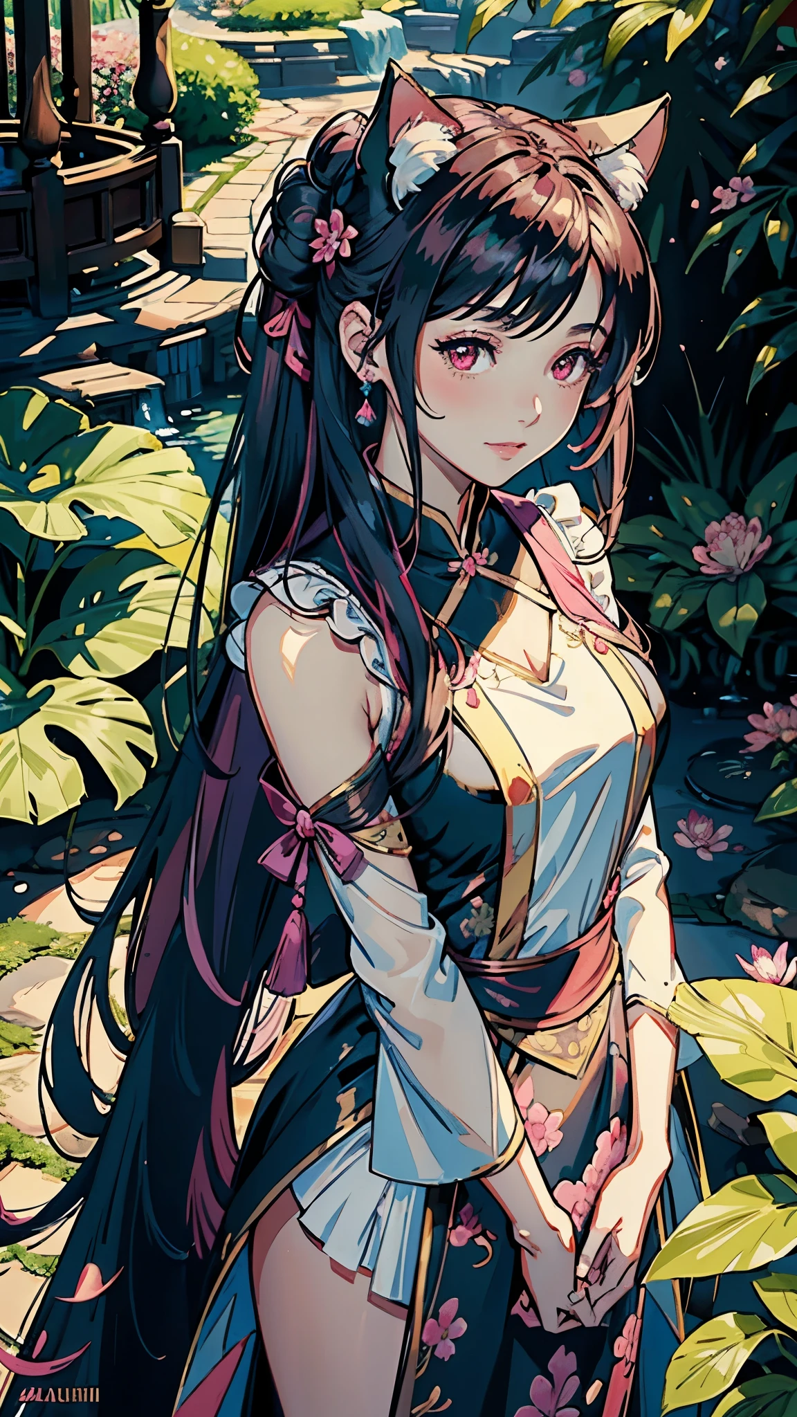 A beautiful Indonesian model with long, flowing hair and vibrant dark pink pink silk Chinese traditional dress, standing gracefully in a lush garden surrounded by colorful flowers, sakura blossoms, and butterflies. The model has detailed facial features including bright brown eyes, rosy lips, and an enchanting smile. The scene is rendered in a realistic, photorealistic style with acrylic painting medium, high resolution, and masterpiece quality. Additional details include the model's intricate hair accessories, soft pastel-colored shading, and a fairytale-like background, Double hair buns, sailor moon hair style, cat ears