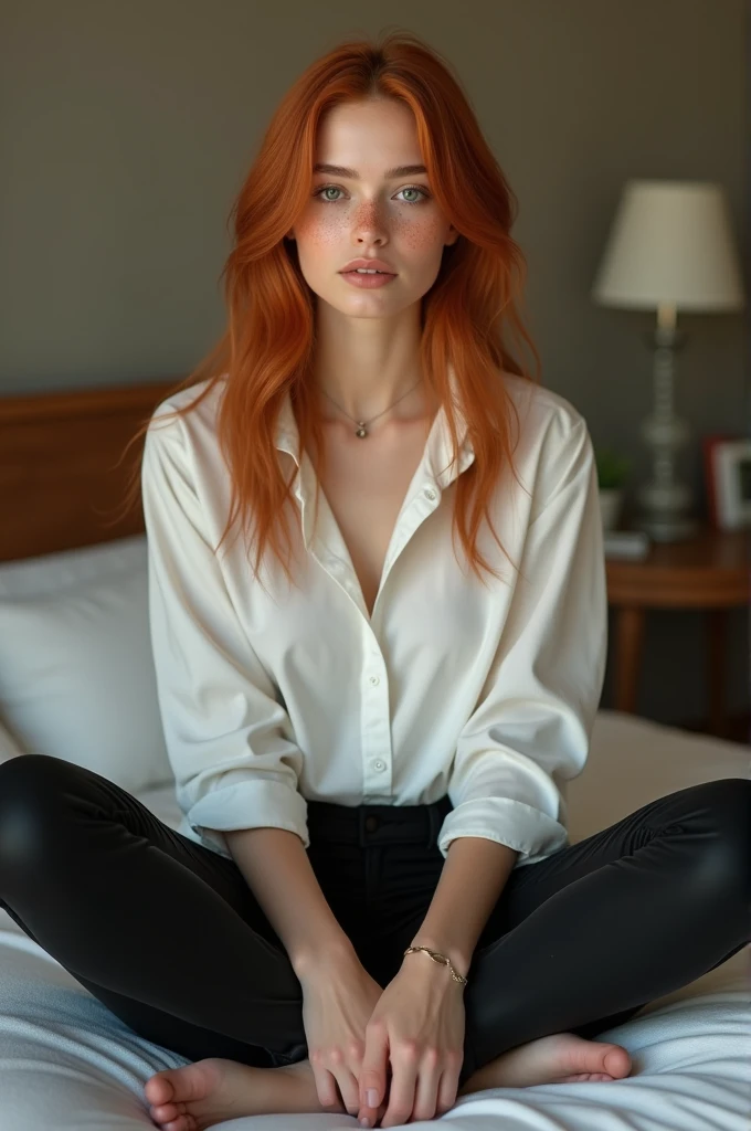 beautiful pretty model koren girl showing her big long sharp natural fingernails, pretty hands, red hair, red slit eyes, pretty lomg legs, modern high heels, nana from afterschool, wearing opened shirt and black ripped mini jeans, sitting on the chair, modern luxury room
