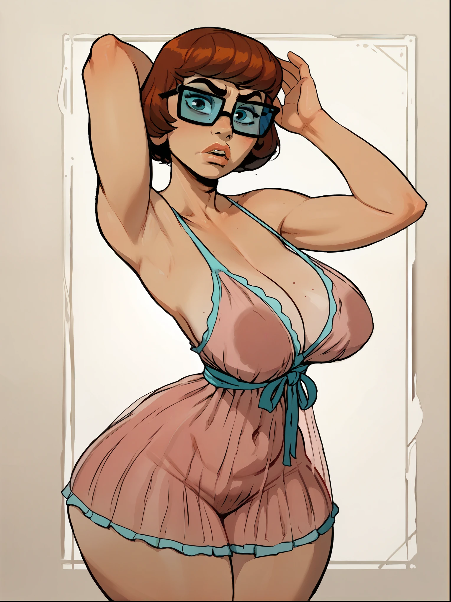 score_9, score_8_up,score_7_up, score_6_up, score_5_up, score_4_up, best quality, highres, full shot, solo, beautiful, makeup, soft lips,  velma dinkley, (disney face), large cleavage, (( transparent sexy nightie)), serious, ((saggy breast)), ((large hips)), (strait waist), slimthick, colorful, pin up pose