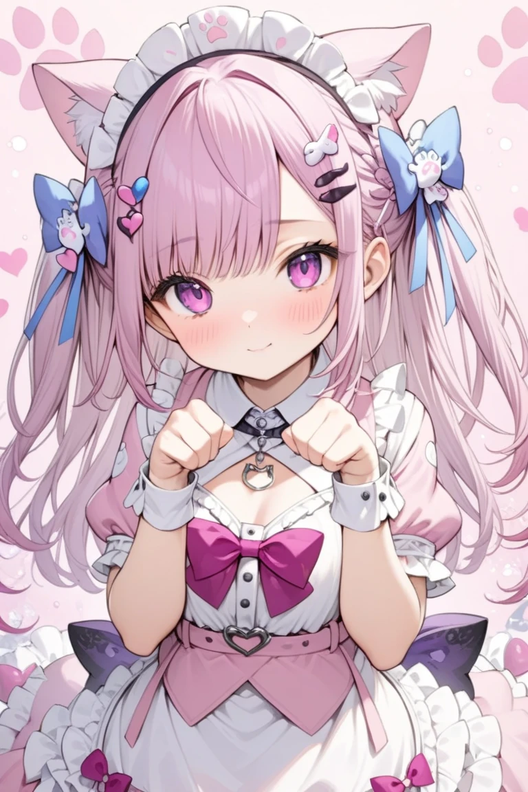 1girl,solo,sakuna,paw pose,hair ornament,Official Costumes,(masterpiece,best quality,very aesthetic,ultra detailed),intricate details,pink heart background