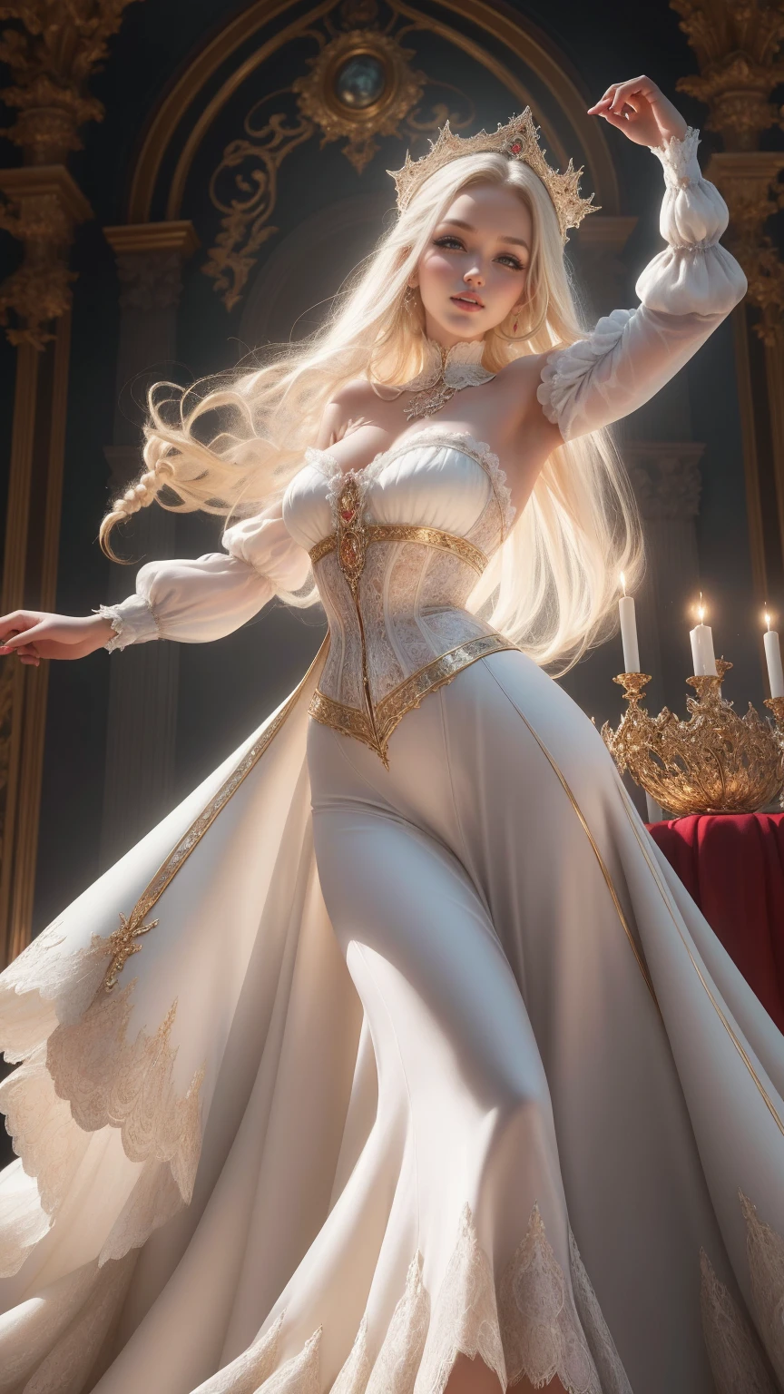 (Masterpiece - Ultra-detailed, very high resolution) Prepare to be enchanted by a true masterpiece that combines ultra-detailed art with high-resolution rendering. This work depicts a mesmerizing woman with very long blond hair (1.3) and captivating gray eyes (1.2), emanating an aura of elegance and mystery in Victorian settings. The intricate details and realistic textures invite you to explore every aspect of this enchanting composition. Woman wearing beautiful classic Victorian costume from the year 1878. Red lipstick. Happy face. Smiling. white (white) dress. Walking, backwads, looking back, dynamic poses. Get ready to dive into a world where beauty and craftsmanship merge perfectly.