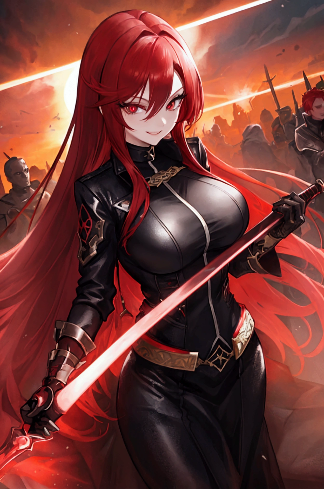 a woman with brilliant red hair, black open jacket, anime style, holding huge black sword, beautiful detailed eyes, smiling confidently, cinematic lighting, highly detailed, intricate, 8k, sharp focus, vibrant colors, fantasy, 