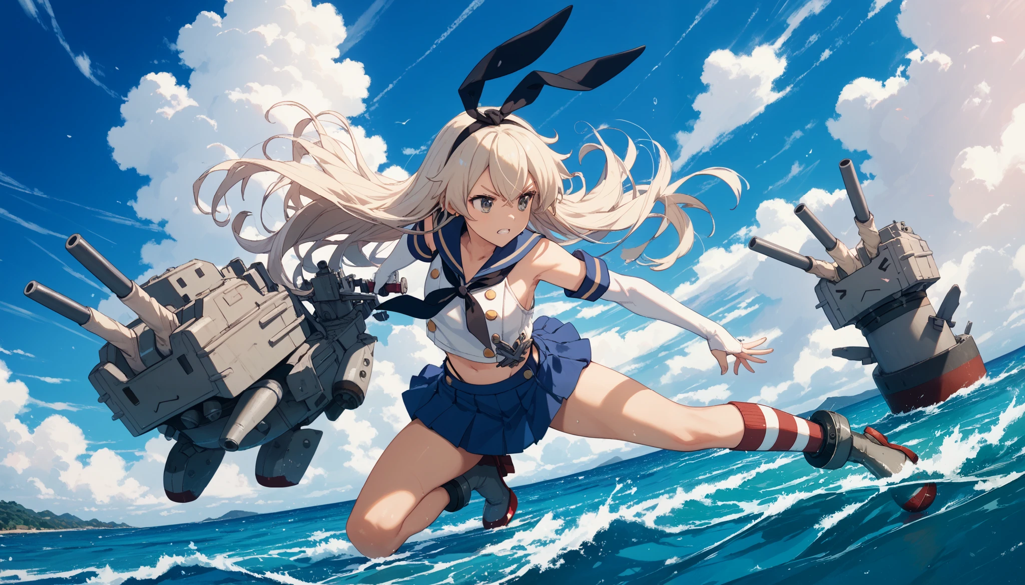 shimakaze/(kancolle/),,blue sky,ocean,fighting