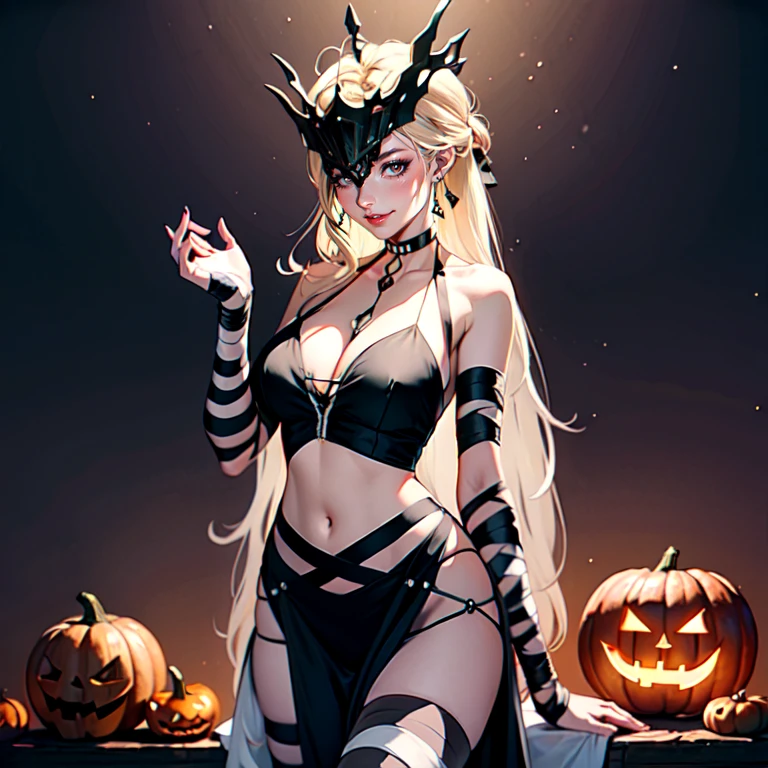 (Official art、Best Quality、Unity 8k Wallpapers、32K、​masterpiece、ultra-detailliert、超A high resolution、realisitic、Photorealsitic:1.2)、(Cinematic lighting:1.2)、Fireglow effect、film grains、Best Shadows、(Ultra-detailed and complex 3D rendering)、Detailed beautiful face and eyes、Realistic pupils、Sharp pupils、A slender、Medium bust、(Full body:1.2)、side lights、 Highly detailed background、(super detailed skin、detailed skin textures:1.3)、(Close-up of a group of carved pumpkins in the park, jack-o-lanterns, Pumpkin glowing under the tree, Halloween atmosphere, Halloween Scene, jack - o'- lantern, pumpkins, Evil spirits walk around with lanterns, halloween celebration, Halloween, Spooky and scary atmosphere, halloween theme, Halloween Decorations, halloween night, shutterstock, trick or treat, edited、Very colorful、Vivid Color)、shinny skin、 20-year-old beauty、Beautiful wavy platinum blonde hair、 Blue eyes、beauitful face、Playboy Bunny Girl、High-cut leotards、a bow tie、Cuffs、Wearing fishnet stockings、Black rabbit ears、Ghost pumpkin hair ornament、With a rabbit tail in the ass,,,,,,,、Holding a haunted pumpkin in both hands、Bring your arms forward、(Happy expression on face、Self-satisfied smile:1.2)、dynamicposes