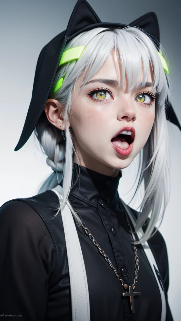  toxic liquid style , (masterpiece,  best quality , 1 , Alone), portrait,  detailed eyes,  yellow eyes , neon eyes,  yellow eyes  neon, white hair, white pele,  gothic church background ,  aestehtic background with black and white lines, Young, small,  black clothes,  pointy teeth, open mouth,  blood on lips , Nahida,