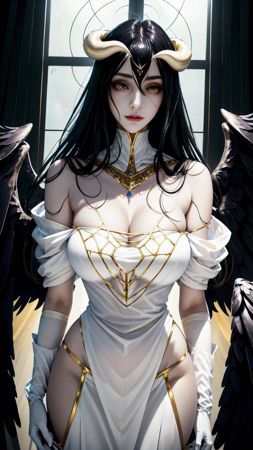 photo of a iom girl, Albedo from Nazarick, best highres, best highest quallity, illustration, cinematic light, ultra detailed, detailed face, sweet face, (detailed eyes:1.05), (realistic eyes:1.05), anime girl, best quality, hyper detailed, beautiful masterpiece, masterpiece, (detailed_face), highest details, luminous_eyes, medium breats, beautiful niples, an impeccable beauty, white clothes, lustrous jet-black hair and the face of a goddess, orange irises and vertically split pupils; on her left and right temples are two thick horns protruding crookedly, and on her waist are a pair of black angel wings, a pure white dress with silky gloves covering her slender hands and a golden spiderweb necklace that covers her shoulders and chest