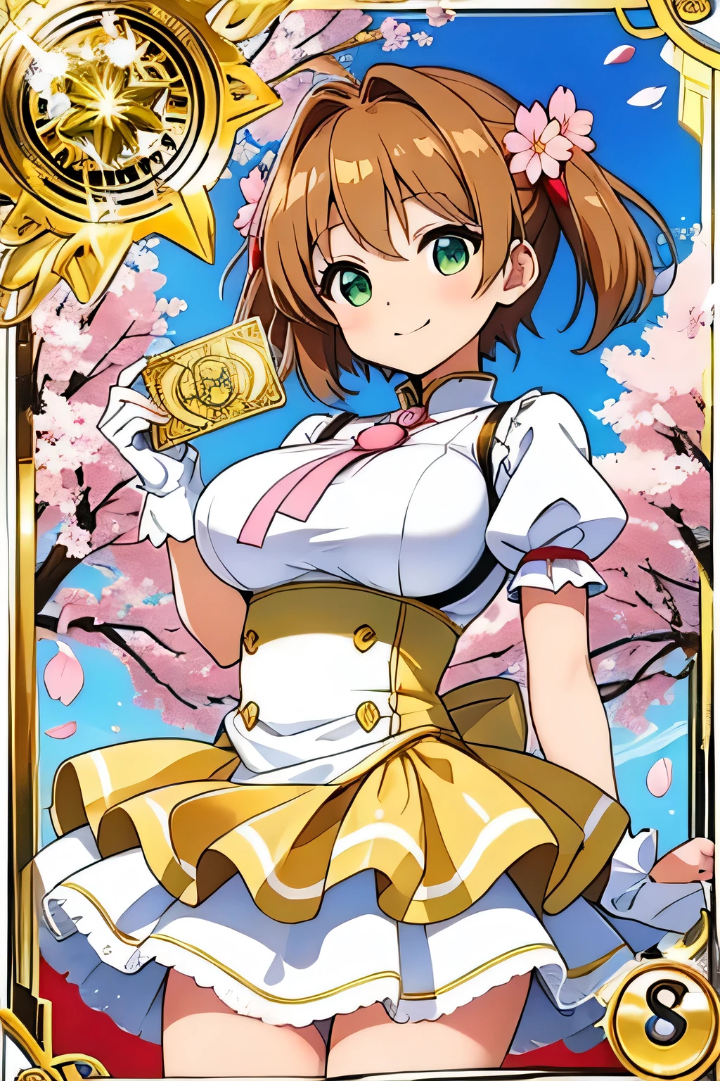A Sakura girl _Kinomoto, short hair , light brown hair , two small pigtails, blushing, little smile , green eyes, white and gold dress , sexy dress with ruffles , large white and gold skirt , big boobs, Milf, surrounded by sakura flowers cloudy background , holding a giant gold tarot card with the printed image of a gold-colored brownie, perfect hands , perfect eyes , best resolution , 8K,