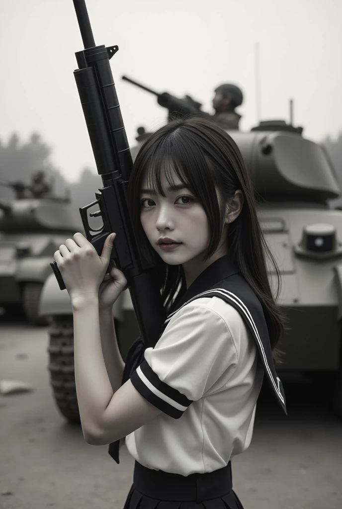 Perfect composition, Proper placement, Golden Ratio, masterpiece,  best quality,  Hi-Res, BEAUTIFUL BLACK AND WHITE PHOTO ,  one Japanese woman,  Retro Beautiful Japanese Woman , standing:1.21,  Wearing a Japanese High School Sailor Suit:1.331, With a machine gun:1. 21 anatomically correct proportions:1.331,  has a small head :1.331, Slender body:1.331,  thin waist:1.331, Thin limbs:1.331,  flat chest:1.331,  black hair,  straight hair,  Retro Black and White Photo , Behind an Army tank , Movie Lighting, 