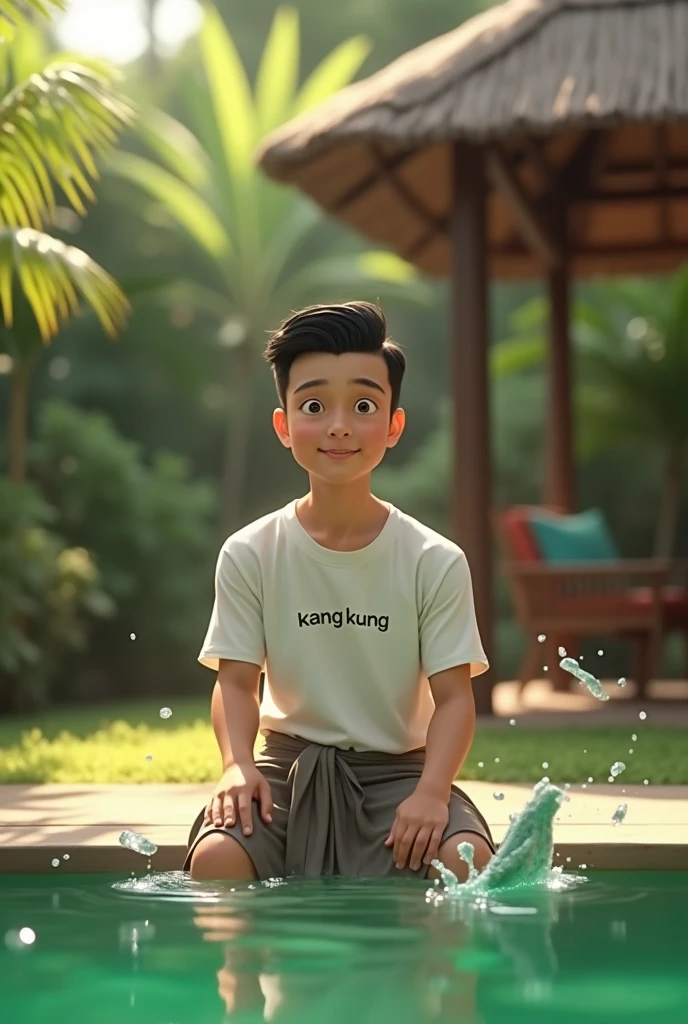 Realistic caricature of an Indonesian man wearing a black cap, handsome and clean face, smiling and looking content, wearing a white t-shirt with the name 'DOEL' embroidered on it, wearing patterned white batik trousers, leather sandals, sitting relaxed on a wooden bench while holding a glass of hot black coffee with white steam and a plate of traditional Indonesian snacks, wearing a bracelet from bahar roots, wearing a ring with a Persian turquoise gemstone on his ring finger, 3D character, Disney Pixar style, with a background of traditional Javanese joglo buildings and a traditional Javanese musical instrument.