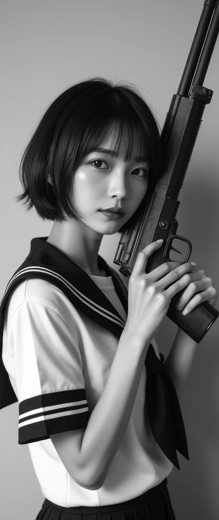 Perfect composition, Proper placement, Golden Ratio, masterpiece,  best quality,  Hi-Res, BEAUTIFUL BLACK AND WHITE PHOTO ,  one Japanese woman,  Retro Beautiful Japanese Woman , standing:1.21,  Wearing a Japanese High School Sailor Suit:1.331, With a machine gun:1. 21 anatomically correct proportions:1.331,  has a small head :1.331, Slender body:1.331,  thin waist:1.331, Thin limbs:1.331,  flat chest:1.331,  black hair,  straight hair,  Retro Black and White Photo , Behind an Army tank , Movie Lighting, 