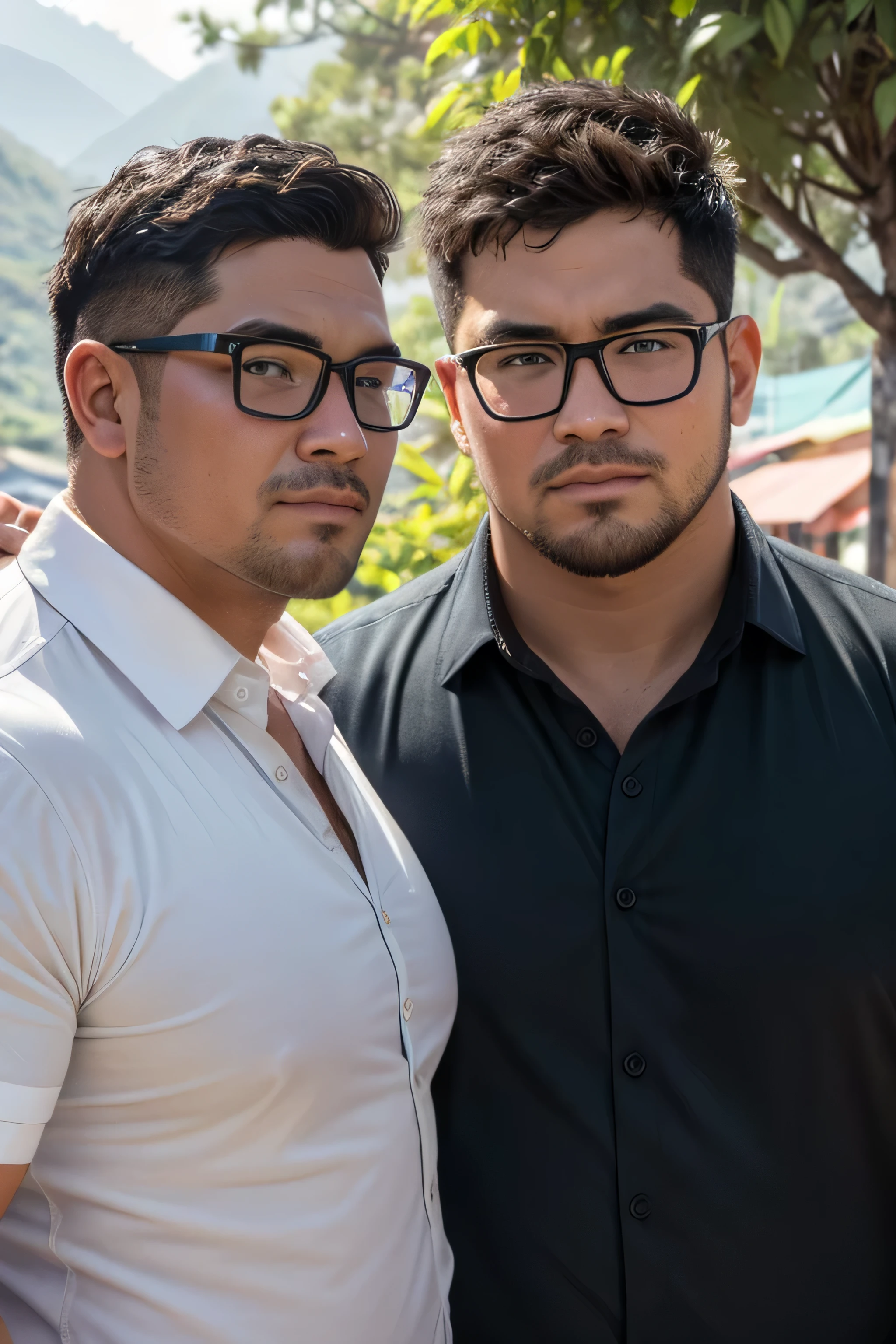 (8k, high definition, high resolution, ultra realistic, masterpiece) two handsome Caucasian chubby men beside each other. wearing collared shirt. one of them wearing glasses. Upper body shot. Background: Baguio, Philippines