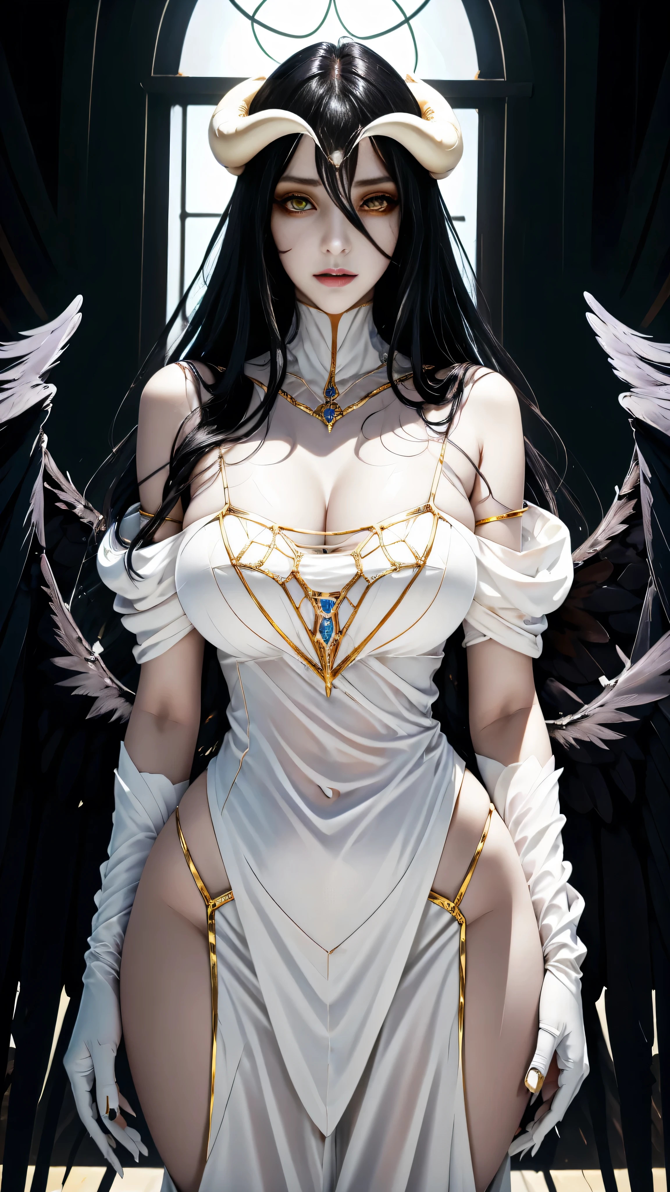 photo of a iom girl, Albedo from Nazarick, best highres, best highest quallity, illustration, cinematic light, ultra detailed, detailed face, sweet face, (detailed eyes:1.05), (realistic eyes:1.05), anime girl, best quality, hyper detailed, beautiful masterpiece, masterpiece, (detailed_face), highest details, luminous_eyes, medium breats, beautiful niples, an impeccable beauty, white clothes, lustrous jet-black hair and the face of a goddess, orange irises and vertically split pupils; on her left and right temples are two thick horns protruding crookedly, and on her waist are a pair of black angel wings, a pure white dress with silky gloves covering her slender hands and a golden spiderweb necklace that covers her shoulders and chest