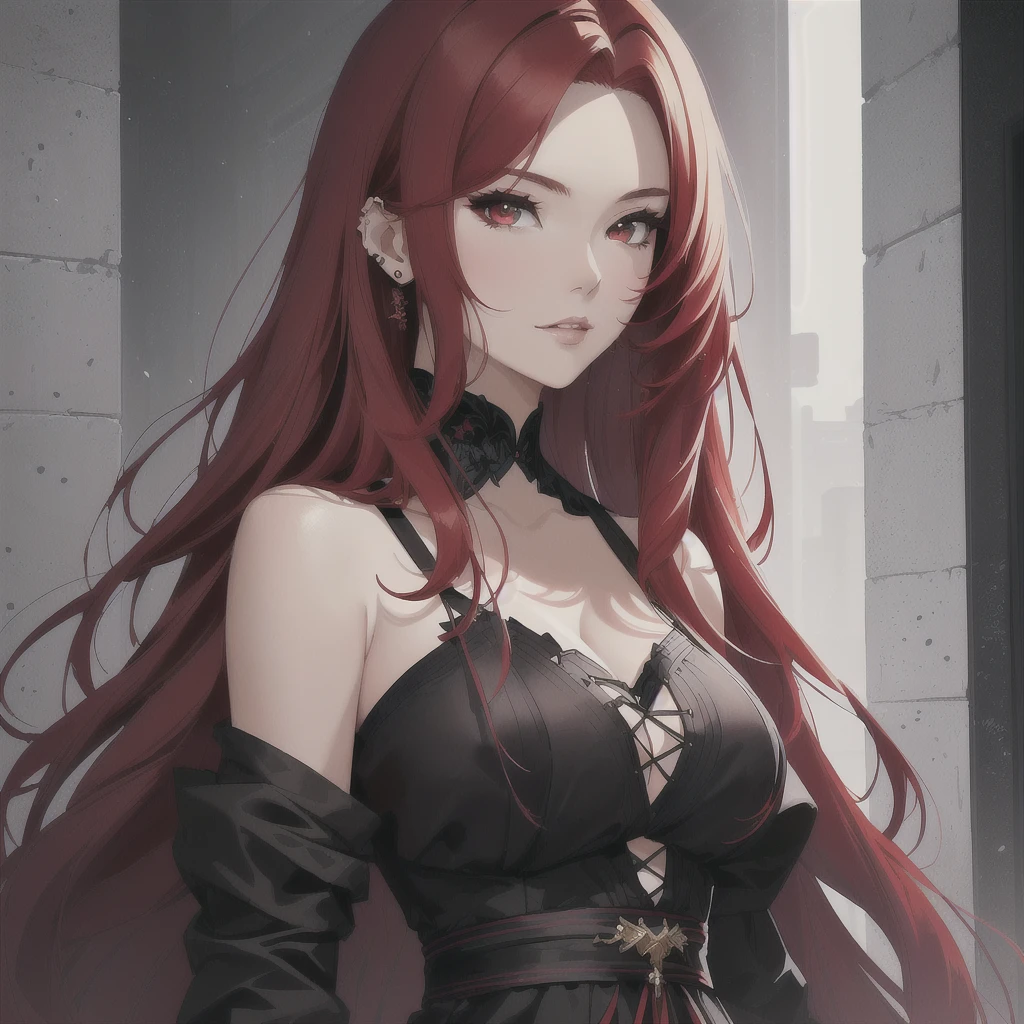 Best Quality, Masterpiece, (Realistic: 1.2), 1 girl, slim girl, red hair, brown eyes, front, detailed face, beautiful eyes, brown eyes, big eyes, small breasts, cleavage, long dress