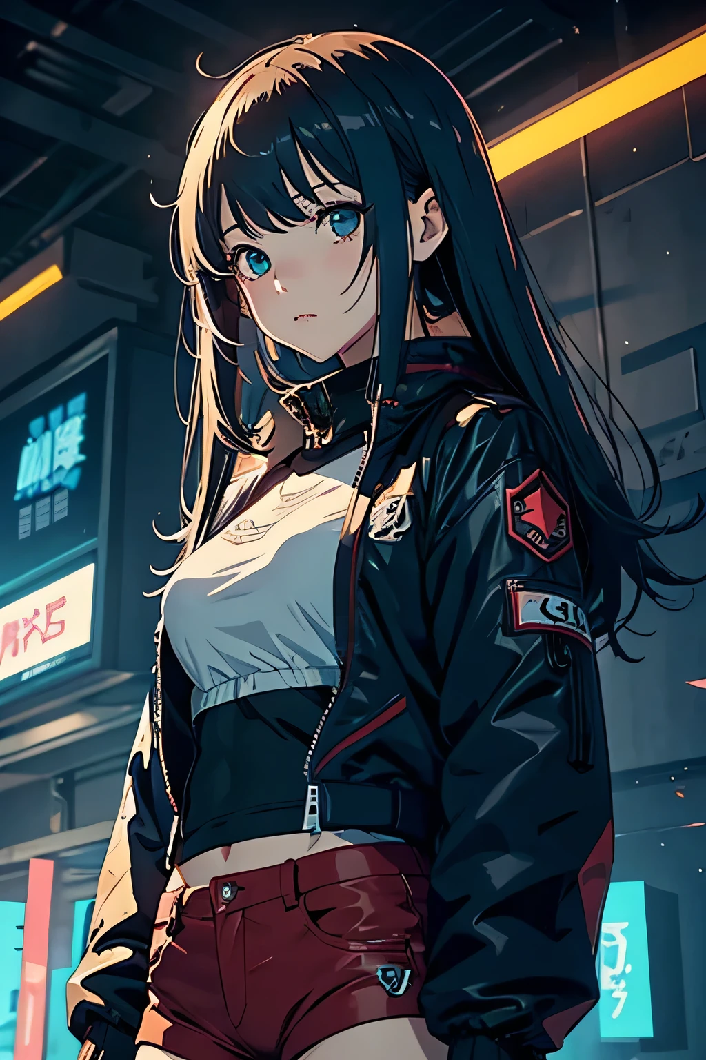 Highest image quality, outstanding details, ultra-high resolution, the best illustration, favor details, highly condensed, in welding action, hyper sexy worker girl, beautiful rainbow Green eyes, the girl is welding ,1girl with long rainbowcolors brown hairs with ponytail , multicolors hairs, the girl is wearing a welding mask, cyberpunk, the girl is dressed in a blue worker combine and wearing big orange welding gloves, the background is a high-teck industry, many graffitis fluorescent on the walls , full view of woman, plan large, many fluo lights, black neon tubelights, HD, high quality, beautiful lightening, upscale HD image, very detailed, full details,
