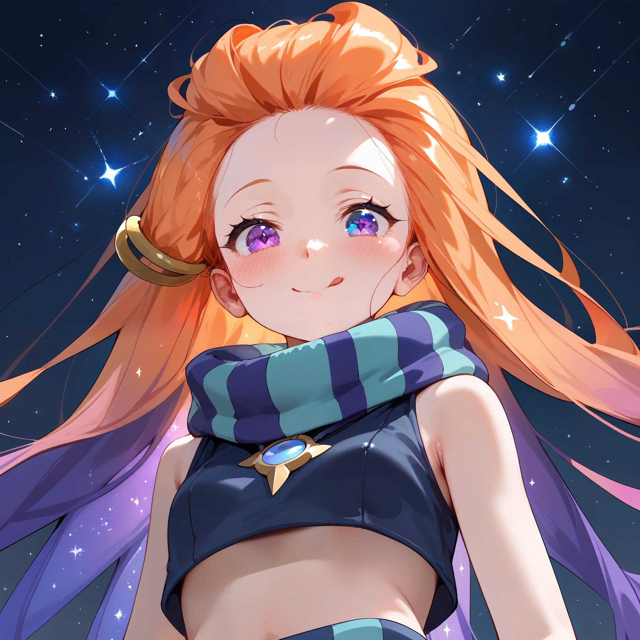 Masterpiece, best quality, Anime, 1girl, ZoeLoLXL, mature, purple eyes, blue eye, heterochromia, orange hair, multicolored hair, gradient hair, purple hair, very long hair, forehead, small breasts, green scarf, striped scarf, bare shoulders, blue midriff, necklace, bracelet, smile, blush, cute, tongue out, portrait, close-up, looking at viewer, from below, starry background, simple background, score_9, score_8_up, score_7_up, unaestheticXL_bp5,