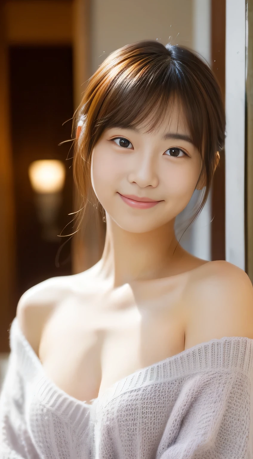 masterpiece,best quality,(Japanese girl),((Beautiful girl)),cleavage,(off shoulder:1.2),(perfect body beauty:1.2),(shy smile),From slightly above