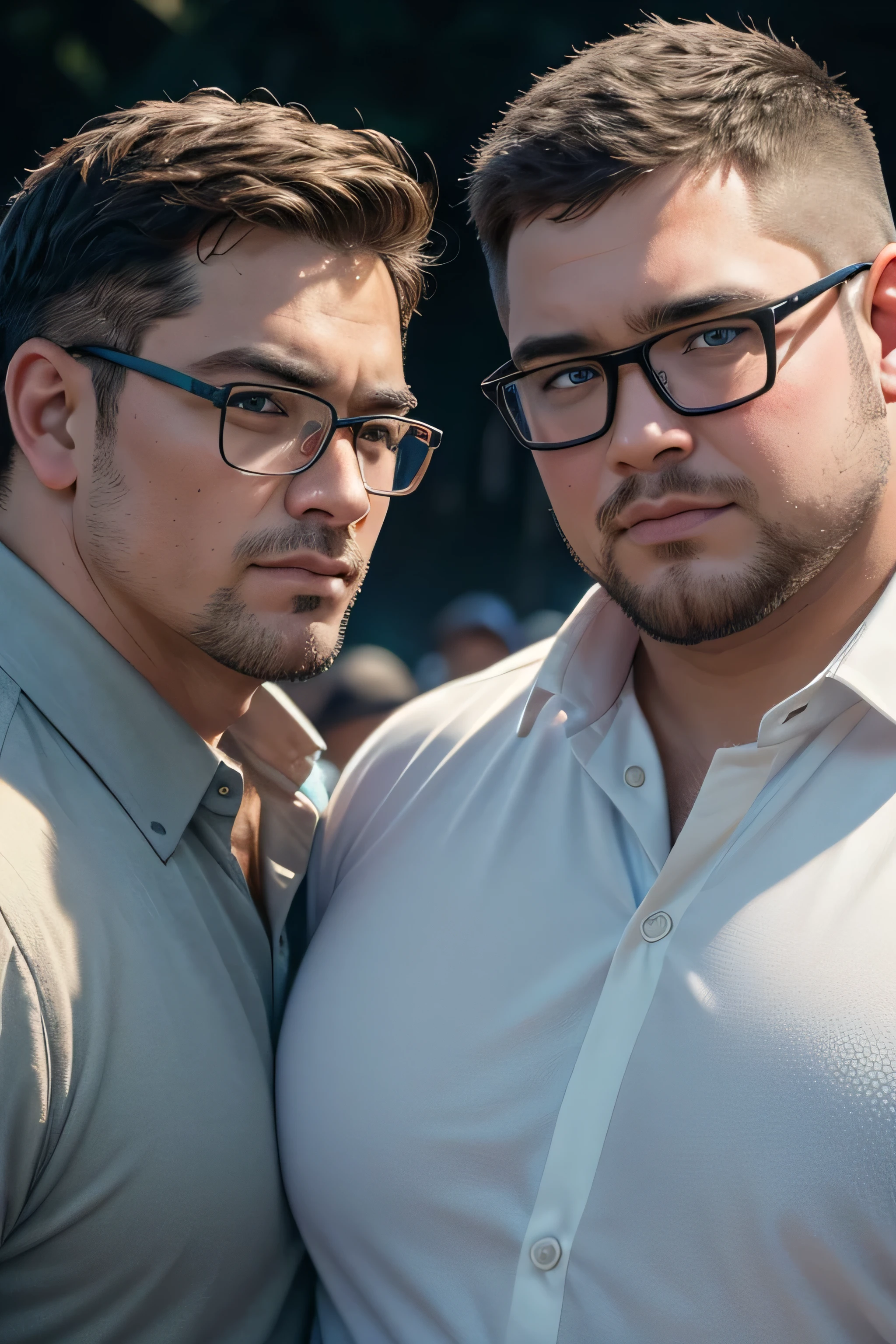 (8k, high definition, high resolution, ultra realistic, masterpiece) two handsome Caucasian obese men beside each other. wearing collared shirt. one of them wearing glasses. Upper body shot. Background: Baguio, Philippines