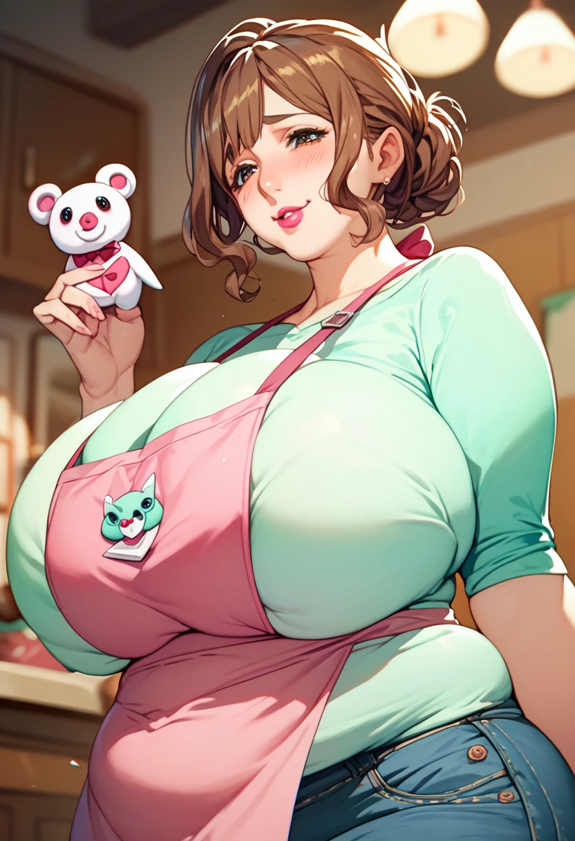 colored anime,Kazami Torino,(giant breasts:1.4),cadera ancha, thick thighs ,chubby,  mature woman , brown hair,collected, lipstick ,Puppet, light green shirt ,Pink apron,brown jeans,cowboy shot,blush