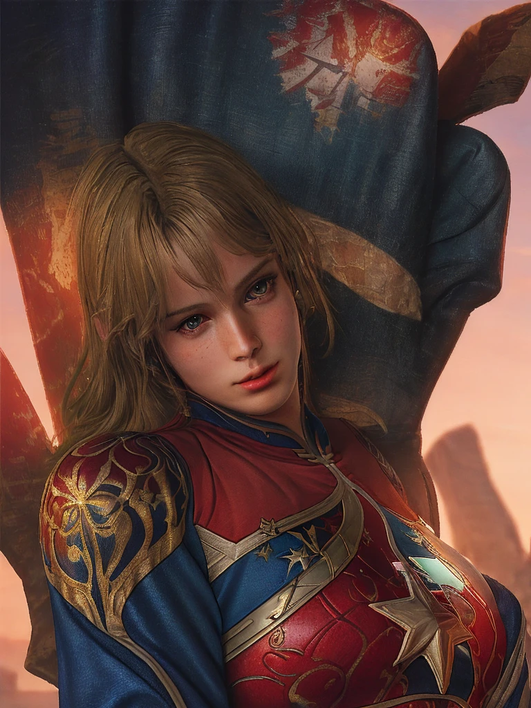 A stunning intricate full color portrait of Helena (rim lighting on hair), shallow sharp depth of field, feminine heroic (highly detailed), (Award winning), (Masterpiece), movie still, (HDR), (8k wallpaper),captain marvel suit,flying,sky background,female focus