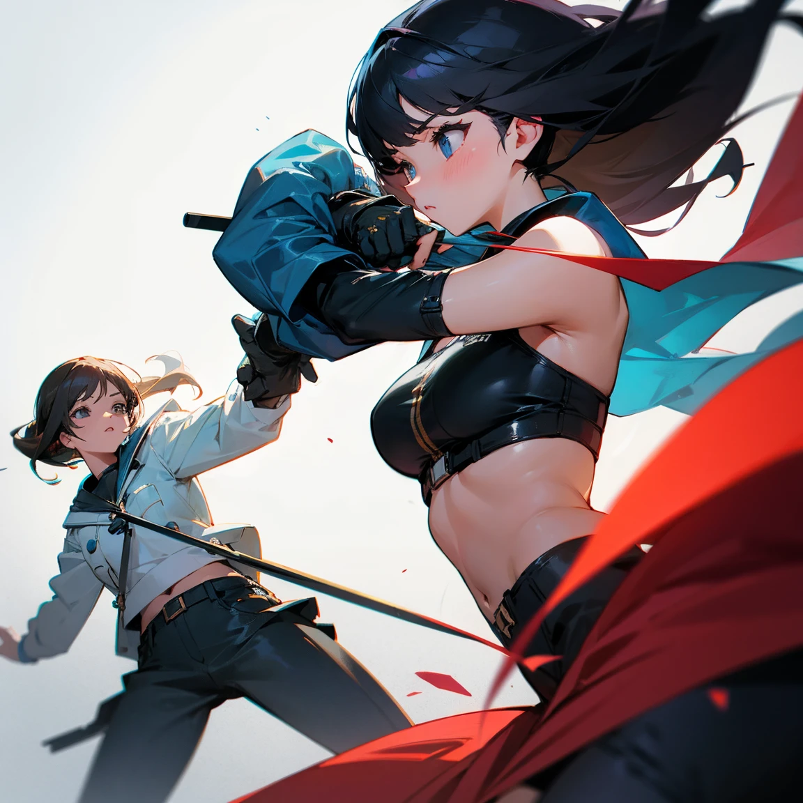 (Rough illustration), [The screen composition is comic-style, the entire screen is printed, Paper Textured Screen, Ink Textures], [(1960s-style cartoon heroine), (Blue and yellow and black tight fit suit), (Katana and)], [dynamicposes, (Slash the entire screen with a sword!!!!!)], Cartoon panel layout, Thick contour lines, Gradients are represented by dot screens, Shadows are represented by a large dot screen, Red×Blue× Yellow×Black, ((Perfect Anatomy))