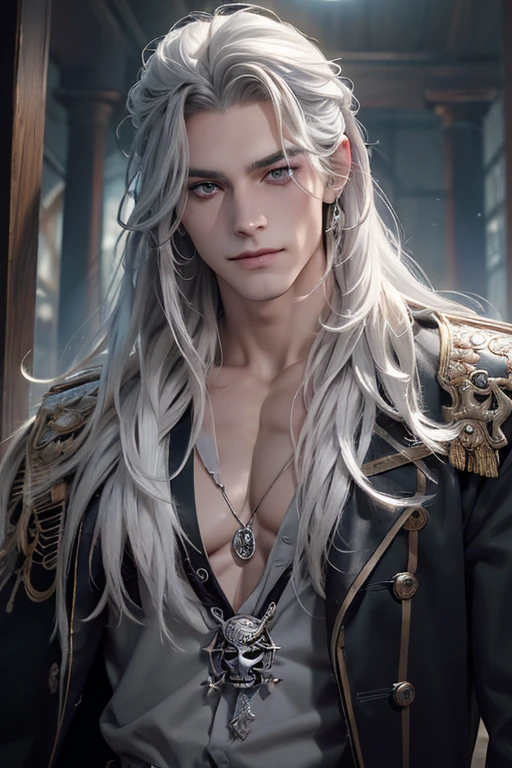 (max resolution: 1.2), (Ultra HDTV: 1.2), 8K resolution, Eye and skin details, face details, , (Sharp focus: 1.2), (Precise focus) sharp face: 1.2), Boy, Standing, Long hair, White hair, Shirtless, Exposed pecs, Six pack abs, transparent white briefs, Summer, Ocean water, Coconut tree, Blue sky, White clouds , Sunlight, Table made of water