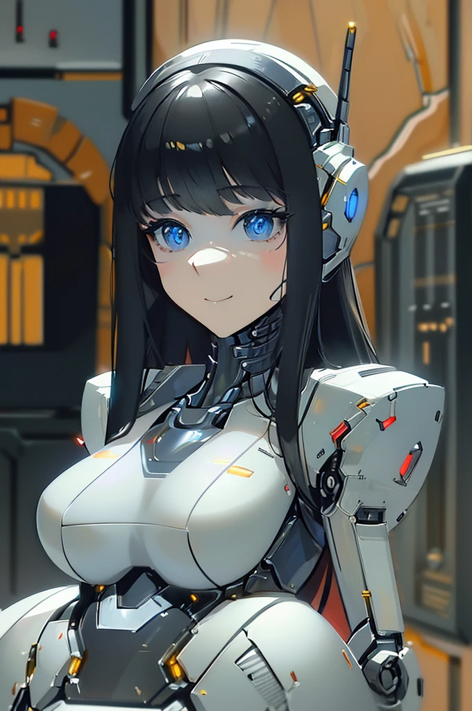 (masterpiece),(Highest quality),(Super detailed),(Best illustrations),(Best Shadow),(Absurd),(Detailed Background),(so beautiful), 16K, 8K, 4K,(Best Shadow),robotization,woman ,big bust,Robot Joint ,Metal skin,Black robot Suit,long hair,a black robot suit that covers the whole body,robot hand,cyber bodysuit,mecha head,(Detailed hands and fingers:1.2),Ball joint robot body,doll joint,beautiful face,beautiful robot girl,robotic eye,robotic hands,(no more human skin),android girl,cyborg girl,F cup, sexy body,(machine made joints:1.2),(machanical limbs:1.1),(blood vessels connected to tubes),(mechanical vertebra attaching to back),(mechanical cervial attaching to neck),no messy picture style,no emotion,tech control,black robot suit,maintenance,smile,robot nurse