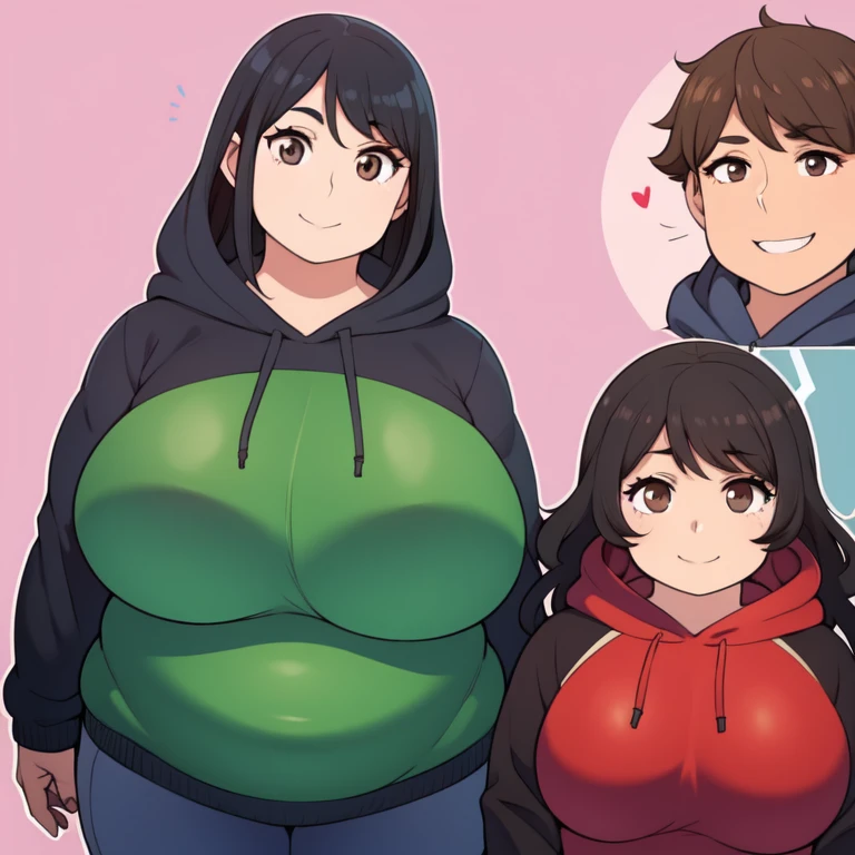 Plump  21 big breasts black hair brown eyes chubby longer hair smile hoodie