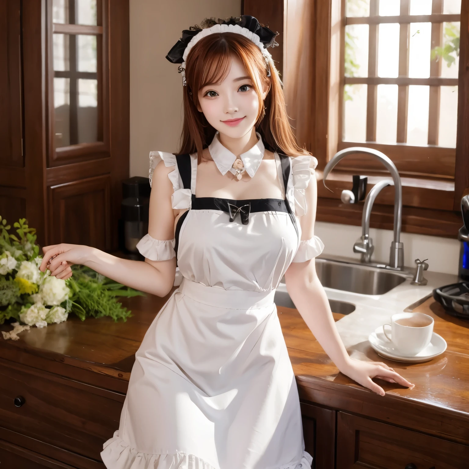  Best Quality , masterpiece,  alone, 1 girl,  Smile,Redhead, maid, maid apron, maid headdress,  green eyes,