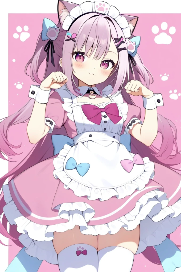 1girl,solo,sakuna,paw pose,pink eyes,Beautiful Eyes,:3,pink hair,animal ears,maid headdress,thigh highs,puffy short sleeves,cat like ears,dress,apron, white apron,long hair,two side up,light blue bow,hair ornament,puffy sleeves,short sleeves,pink dress,wrist cuffs,pink bow,sakuna,sakunaXL,maid headdress,puffy short sleeves,dress,white apron,light blue bow,hair ornament,puffy sleeves,short sleeves,pink dress,wrist cuffs,pink bow,hair ornament,Official Costumes,(masterpiece,best quality,very aesthetic,ultra detailed),intricate details,pink heart background