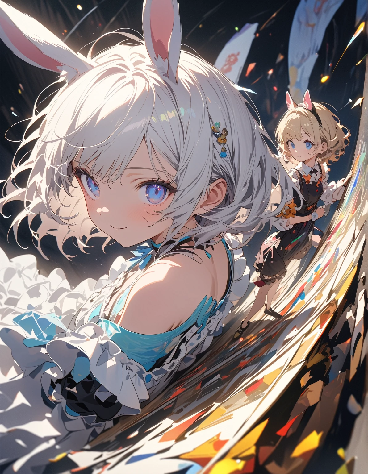 Perfect Anatomy、Perfect human body、Super detailed、Highest quality、Masterpiece、Award-winning works、A cute little guy wearing a rabbit costume、fluffy、Loose、pastel colour、Highest quality、Masterpiece、Milky white hair color、kawaii tech,Unique and cute outfits、