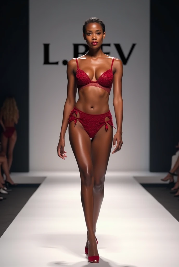 photography of a stunning girl, full upper body view, at a fashion show, wearing high class  red exy underwear, symmetrical eyes, symmetrical face, photorealistic, photography, path tracing, specular lighting, volumetric face light, path traced hair, visible shadows, intricate, elaborate, hyper realistic