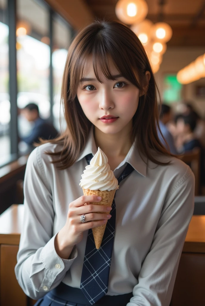 Perfect composition, Proper placement, Golden Ratio, masterpiece,  best quality,  Hi-Res,  one Japanese woman,  big beautiful Japanese woman on neon background, At a stylish famous chain cafe, She has soft serve ice cream:1.331,  Anatomically Correct 5-Finger ,  Prestigious Metropolitan High School Uniforms , Grey dress shirt:1.21, Line pattern tie:1.21,  navy plaid pleated mini skirt in a modern art gallery:1.21,  anatomically correct ratio :1.331,  has a small head :1.331, Slender body:1.331,  thin waist:1.331, Thin limbs:1.331,  flat chest:1.331, Brown Hair,  straight hair, Anxious face, Movie Lighting, 