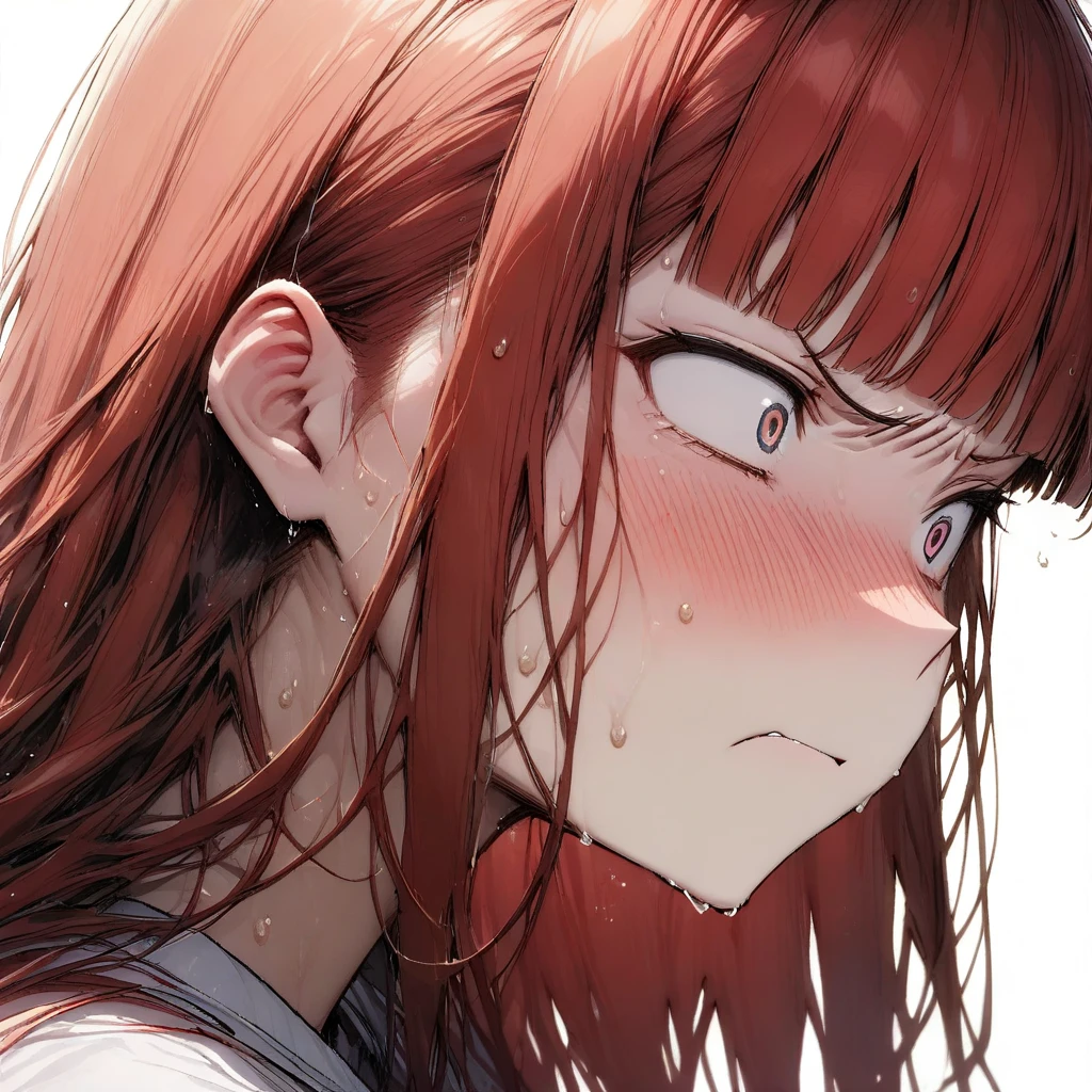 portrait,sad, from side,,{{One face}}sweat, v-shaped eyebrows, Woman,{{One face}}, {{masterpiece}}, {{{best quality}}},{{ultra-detailed}},,Straight hair,Long hair ,Red Hair, blunt bangs,　(((white background))),