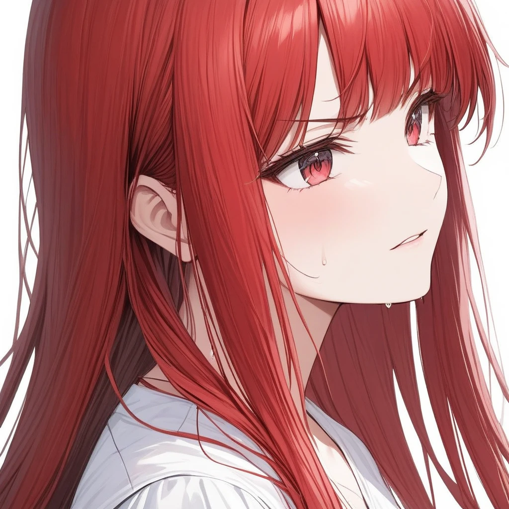 portrait,wince, from side,,{{One face}}sweat, v-shaped eyebrows, Woman,{{One face}}, {{masterpiece}}, {{{best quality}}},{{ultra-detailed}},,Straight hair,Long hair ,Red Hair, blunt bangs,　(((white background))),