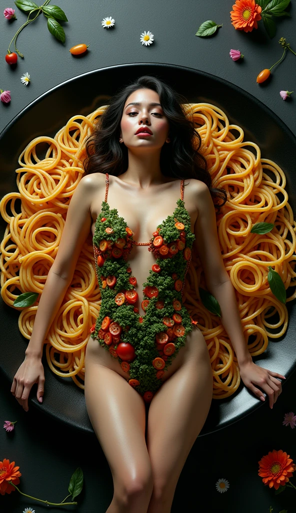 Masterpiece, best quality, beauty and aesthetics,(realistic:1.hotorealistic,ultra skin,{skirt|bodysuit,long jeans},Clear and bright eyes,1girl,minigirl,slim body,smile,small breasts,slim legs,flat chests,correct anatomy,many plate,dynamic pose,A girl {lying|staning|sitting|kneeling} in a {plate|bowl}, od|noodles| cream| fruits| vegetables|nuts| soup), full body,a large table,knife, fork,shot from {above|front},wide-angle photography,realistic,realhands
