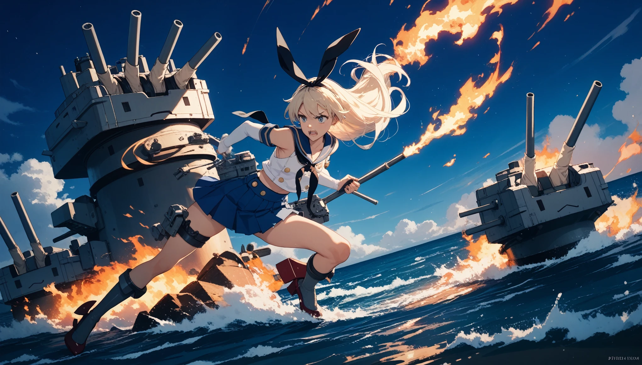 shimakaze/(kancolle/),,blue sky,ocean,fighting,night,war,fire